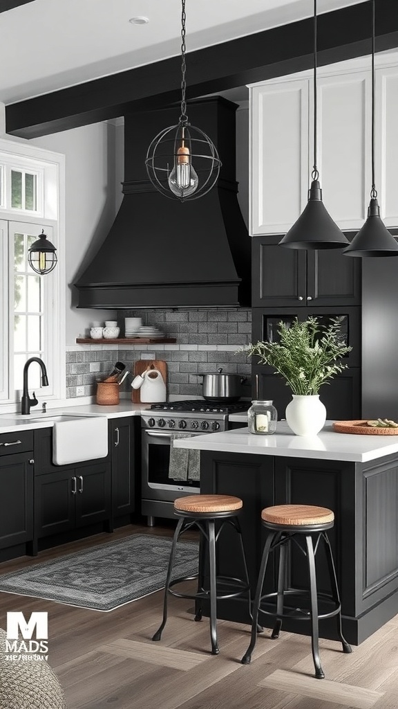 A modern kitchen featuring black cabinetry, white countertops, and warm wood flooring.