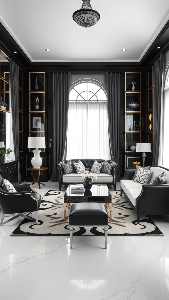 A stylish living room with a black wall, white artwork, a light-colored sofa, and large windows.