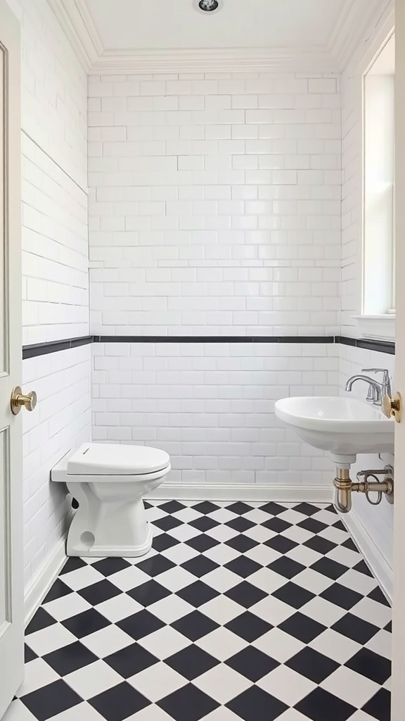 A bathroom featuring classic black and white checkered tile flooring with white subway tile walls.