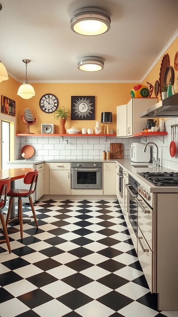 A stylish kitchen featuring classic black and white checkerboard flooring, warm wall colors, and colorful decor.