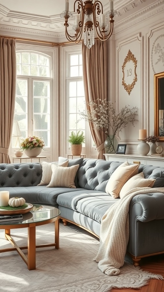 A classic living room featuring a grey velvet sofa with tufted design, surrounded by elegant decor and natural light.