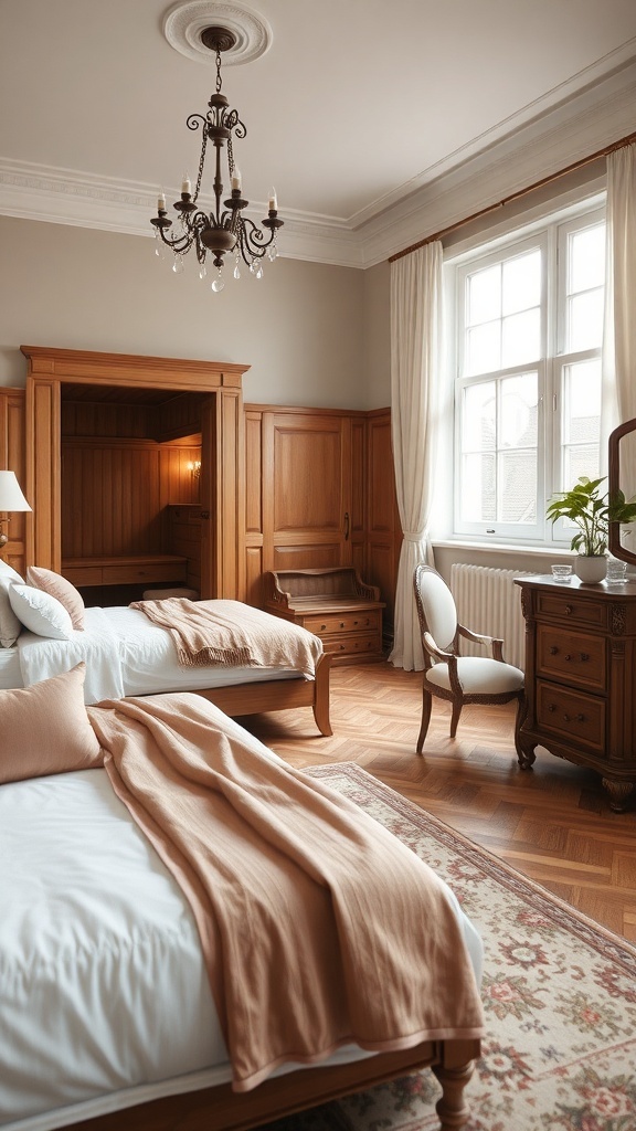 A cozy bedroom with wooden accents, a chandelier, and soft textiles, showcasing classic European charm.