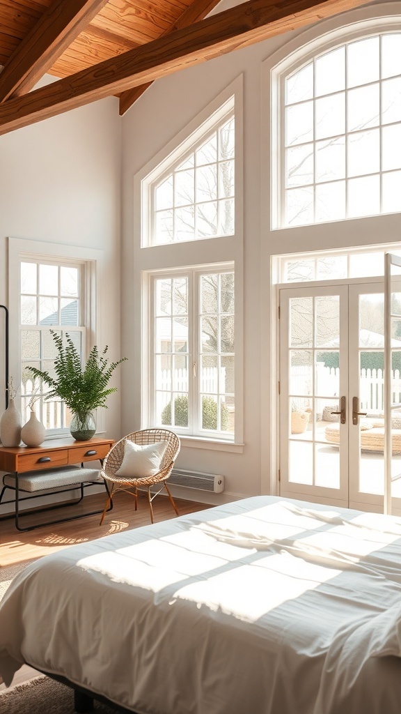 A cozy farmhouse bedroom featuring large, classic windows that let in natural light, with a wooden ceiling and simple decor.