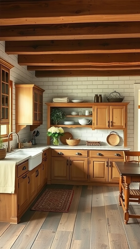 A classic French country kitchen featuring wooden cabinetry, open shelving, and a farmhouse sink.