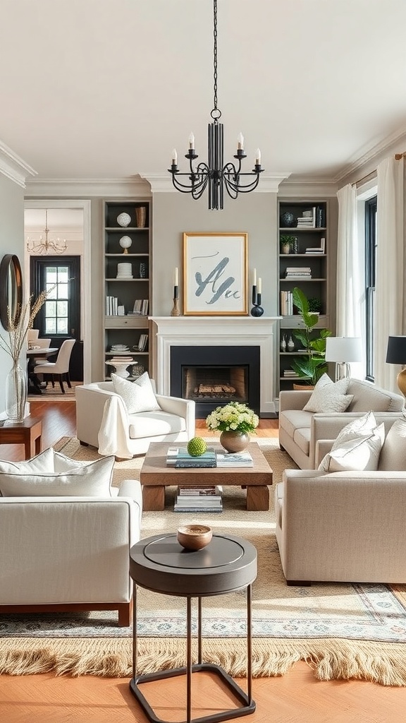 A cozy living room featuring classic furniture with modern touches, including two sofas, a wooden coffee table, and a stylish chandelier.