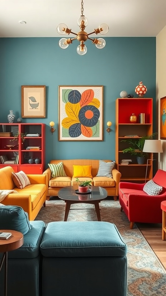 A vibrant living room featuring classic furniture in bold colors, including orange, yellow, and red sofas against a blue wall.