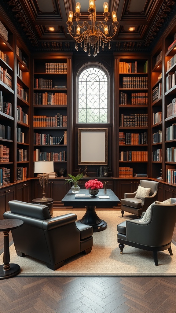 A classic library-inspired workspace featuring wooden shelves filled with books, comfortable seating, and elegant lighting.