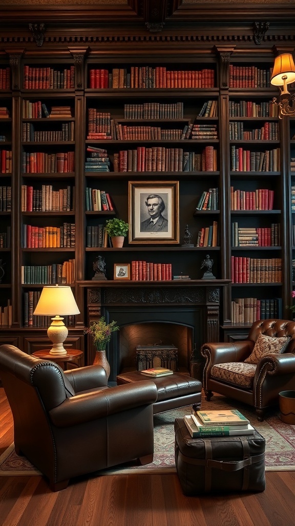 A classic library style living room with wooden bookshelves filled with books, leather chairs, a fireplace, and a warm lamp.