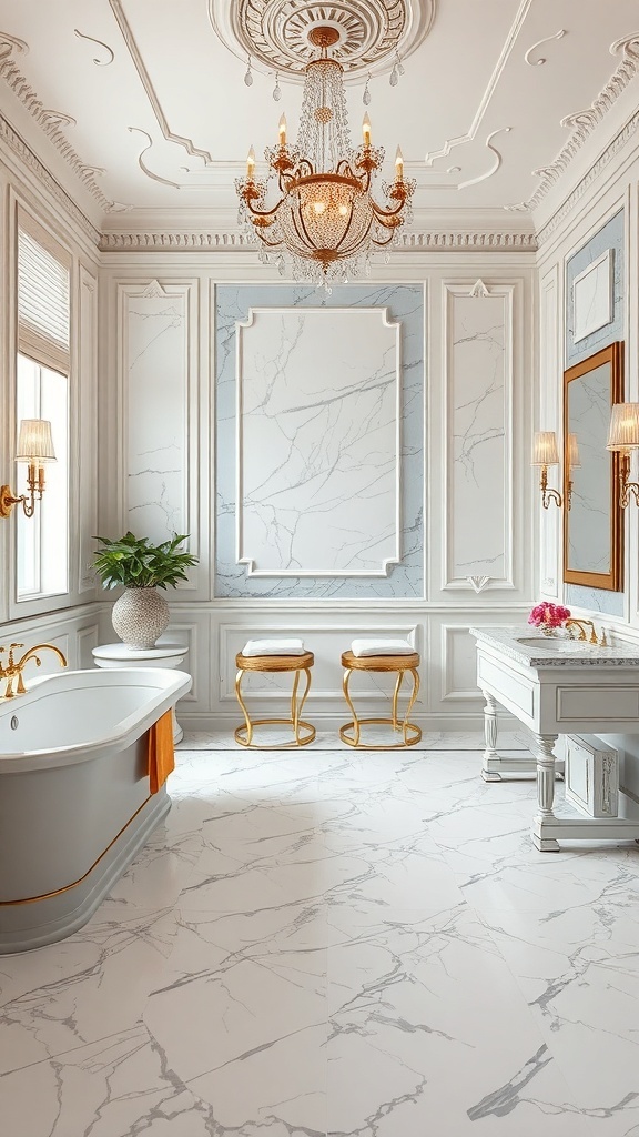 Luxurious bathroom with classic marble flooring, chandelier, and elegant decor.