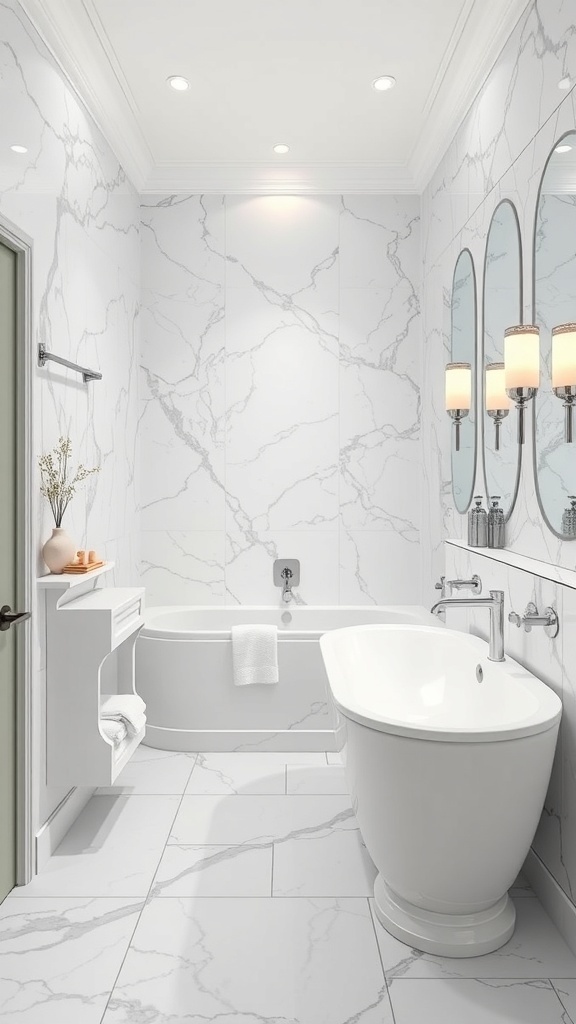 A luxurious bathroom featuring classic marble tiles, a freestanding bathtub, and elegant fixtures.