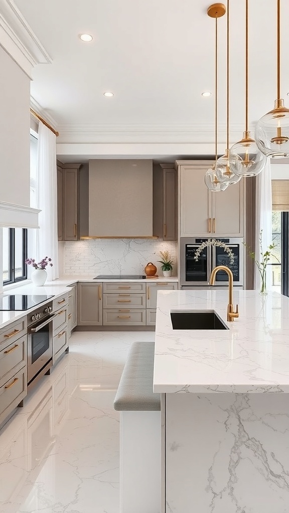 A modern kitchen featuring classic marble countertops, soft gray cabinetry, and gold accents.