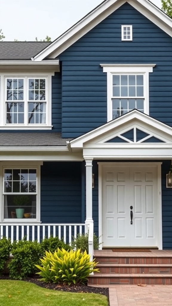A house exterior painted in classic navy blue with white trim and a welcoming front porch.
