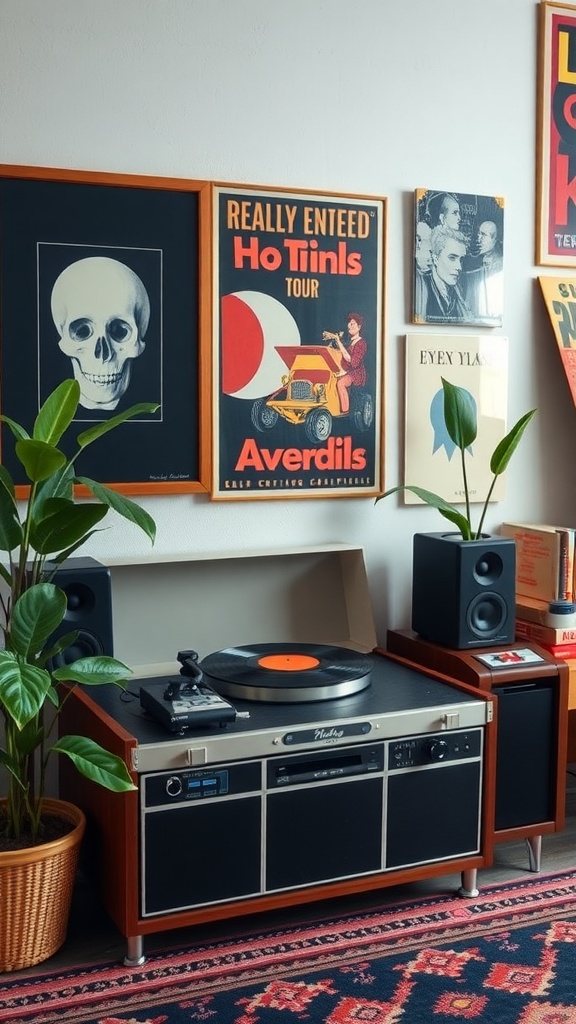 A vintage record player setup featuring a turntable, vinyl record, and decorative posters on the wall.