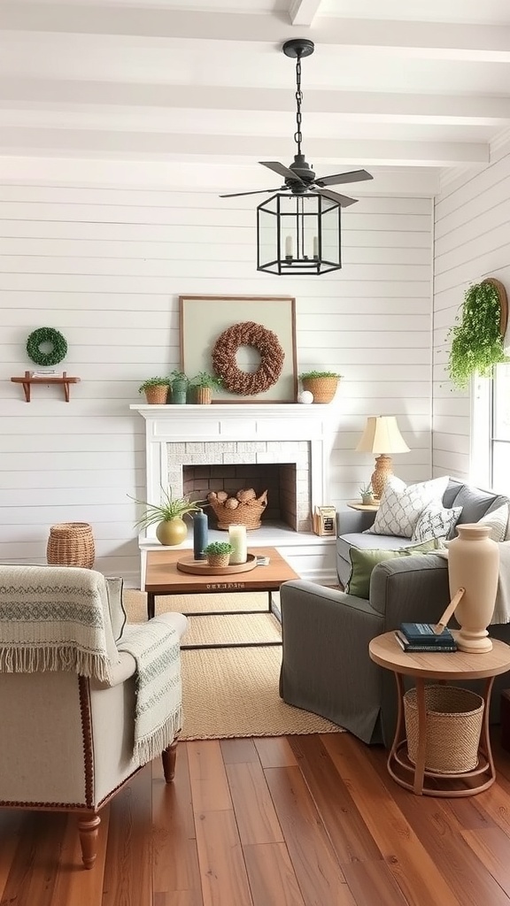 A cozy living room featuring classic white shiplap walls, rustic furniture, and decorative plants.
