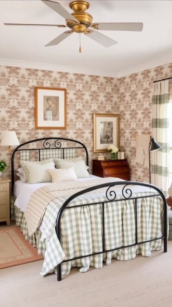 A cozy Southern style bedroom featuring floral wallpaper and gingham bedding.