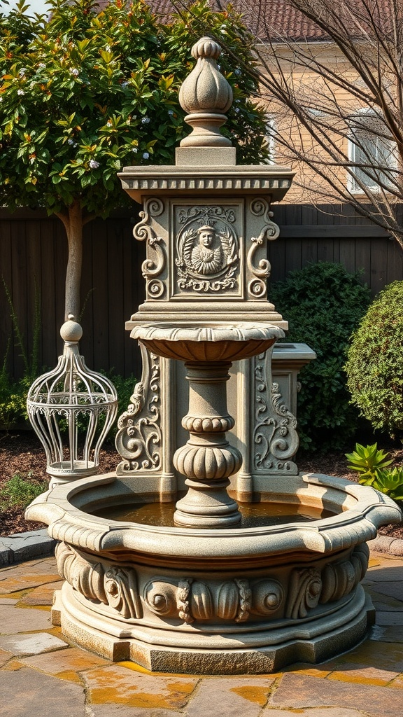 A classic stone fountain in a garden setting with lush greenery.