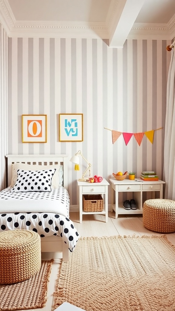 A cozy bedroom featuring striped walls and polka dot bedding, with woven baskets and colorful decor.