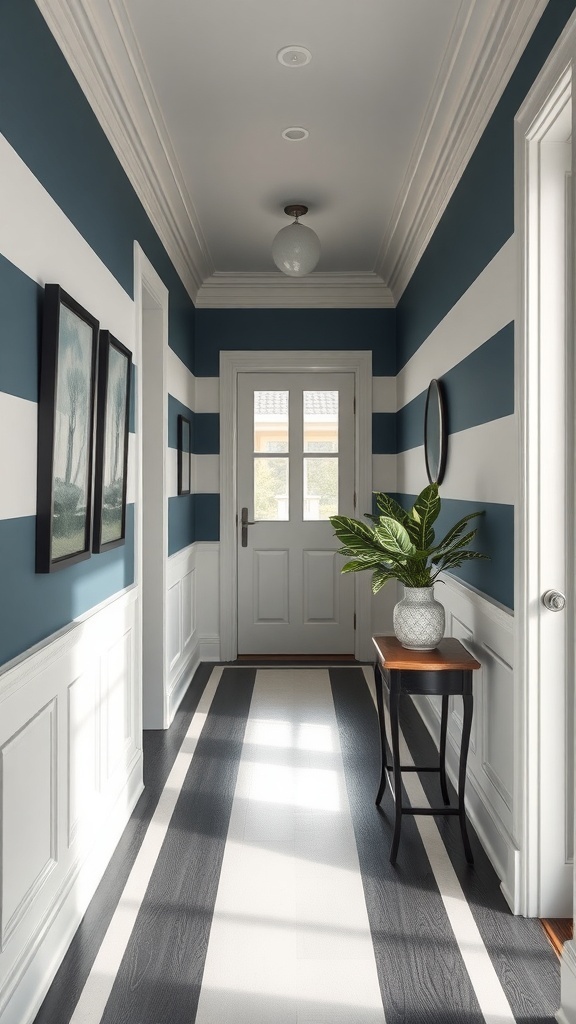 A hallway featuring bold blue and white stripes on the walls, with framed artwork and a plant for decoration.