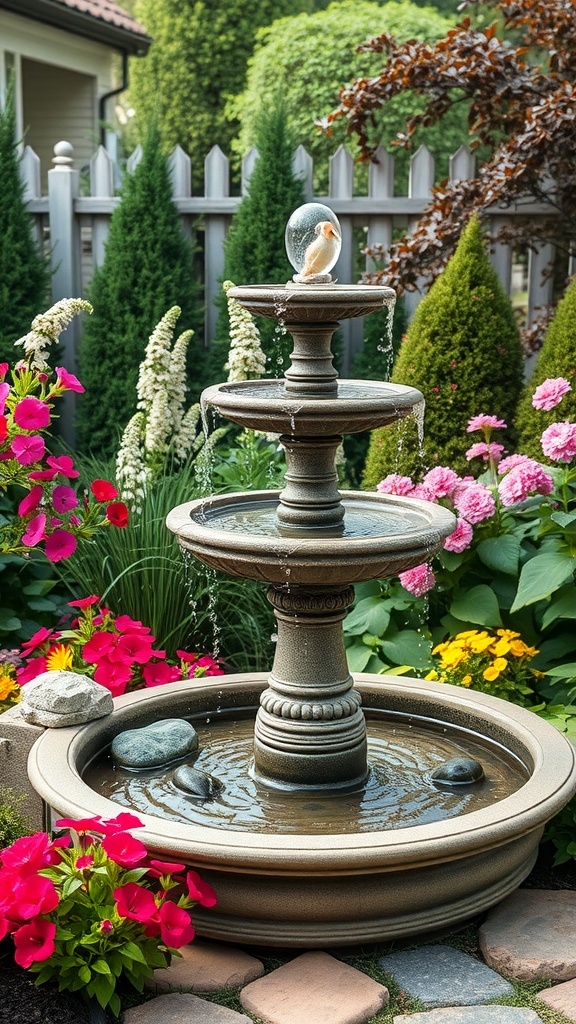 A classic tiered fountain surrounded by colorful flowers in a garden.