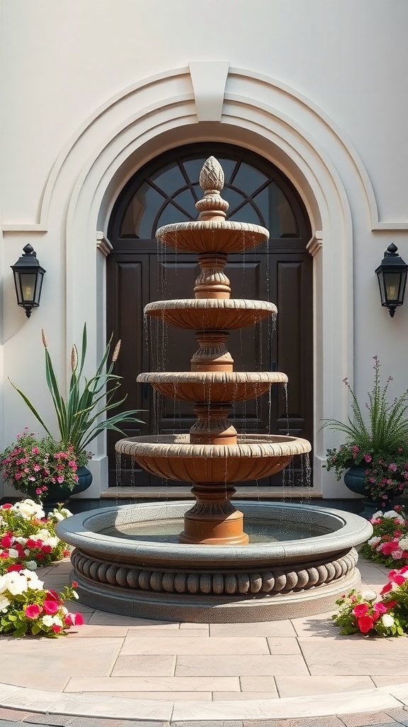 A classic tiered fountain surrounded by flowers and greenery at an entryway.