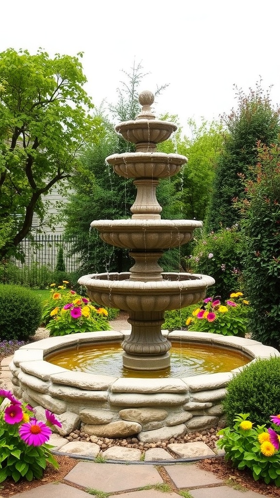 A classic tiered stone fountain surrounded by colorful flowers and greenery.