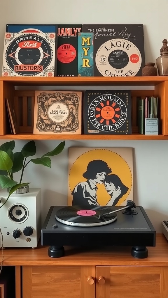 A cozy display of vintage vinyl records on a wooden shelf with a record player.