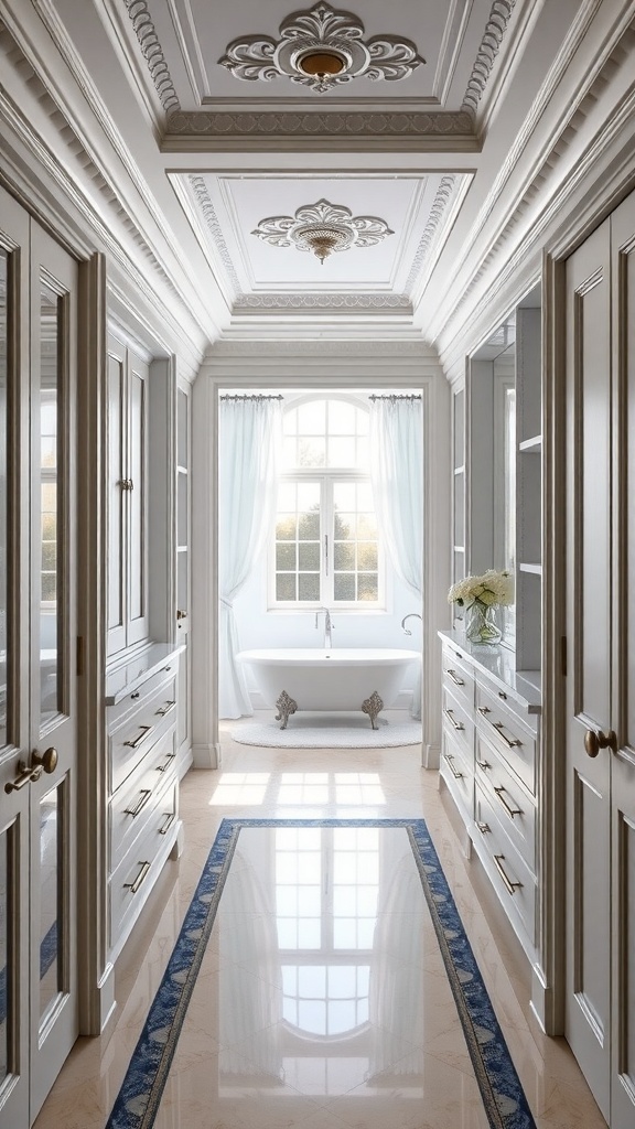 A luxurious walk-through closet leading to a bathroom, featuring crown molding and a freestanding bathtub.