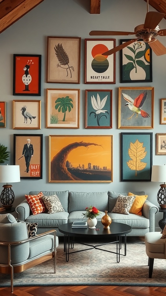 A cozy living room featuring a gallery wall of vintage-inspired artwork in various frames, showcasing colorful illustrations and designs.