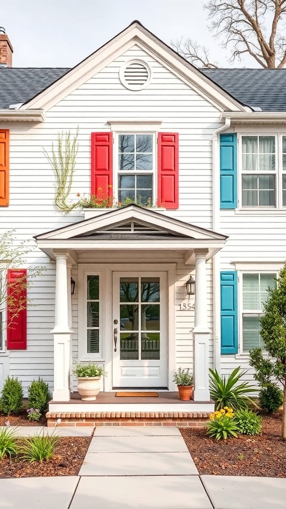 A classic white house with colorful shutters in red and teal, surrounded by greenery.