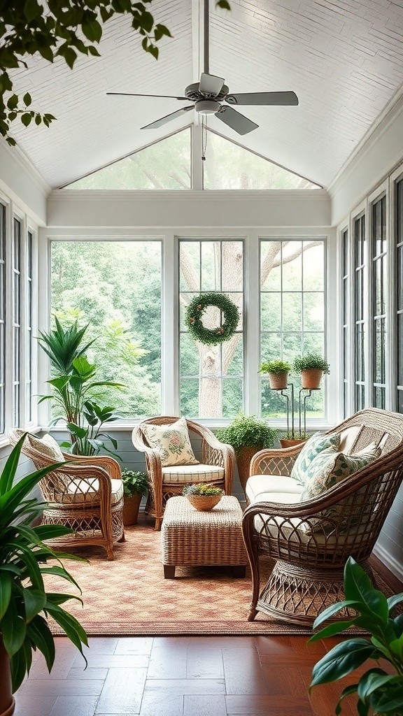 A cozy sunroom featuring classic wicker furniture, surrounded by plants and natural light.