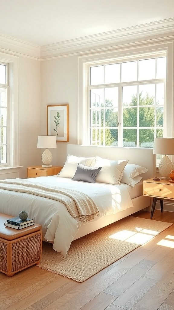 A bright bedroom featuring wooden accents, including nightstands and a woven basket, with large windows allowing natural light.