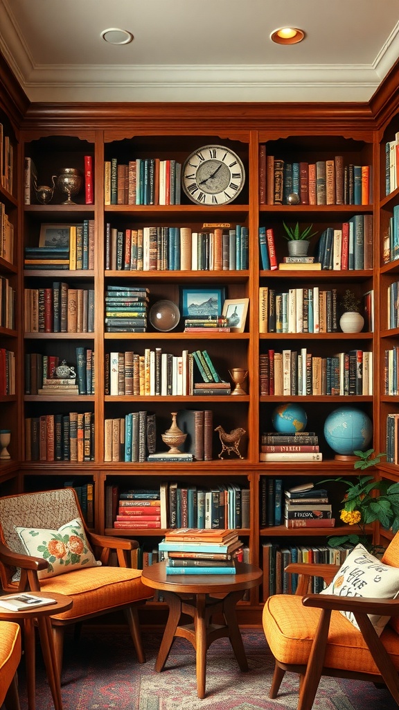 A cozy reading nook featuring classic wooden bookshelves filled with books, a vintage clock, and orange chairs.