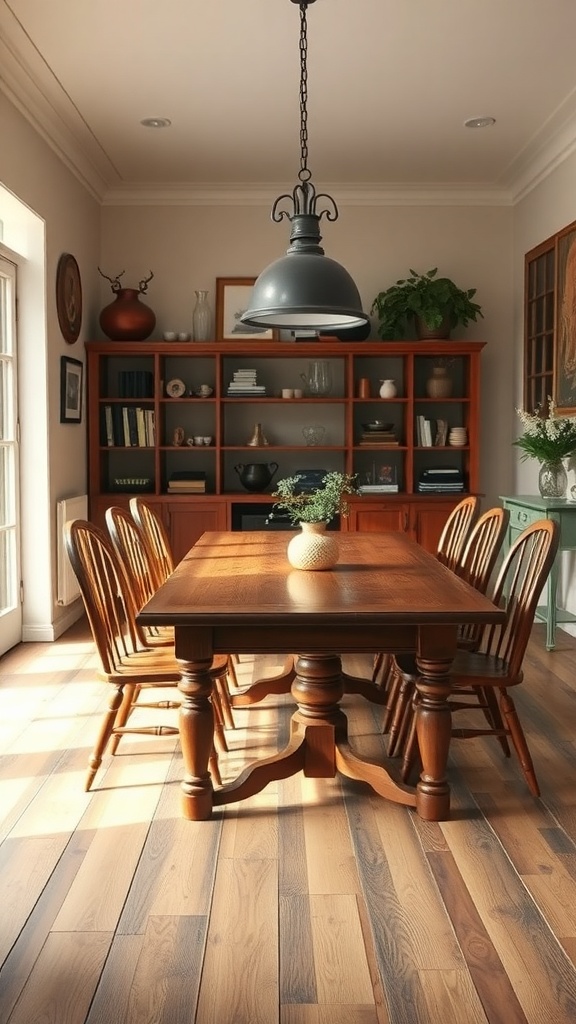 A cozy dining area featuring a classic wooden table with matching chairs, illuminated by natural light.
