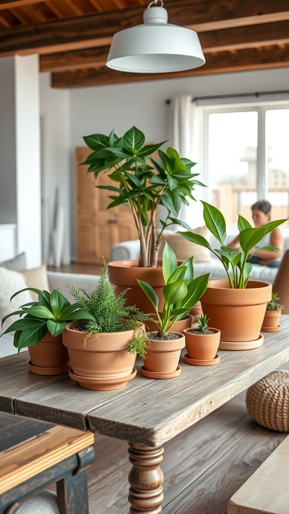A cozy indoor setting featuring various plants in terracotta clay pots arranged on a wooden table.