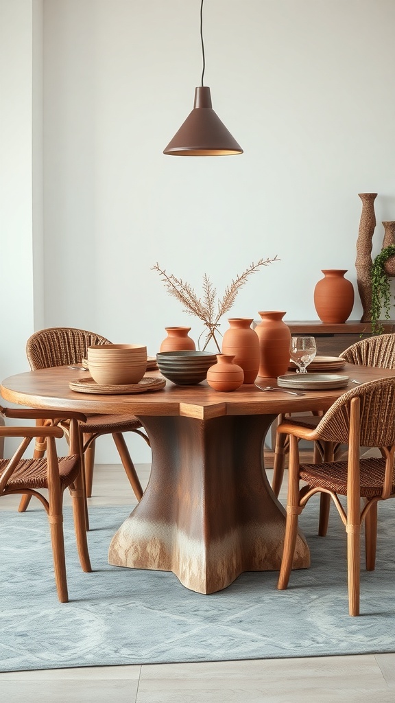 A dining table with clay pottery decor, featuring various clay pots and a wooden table with woven chairs.