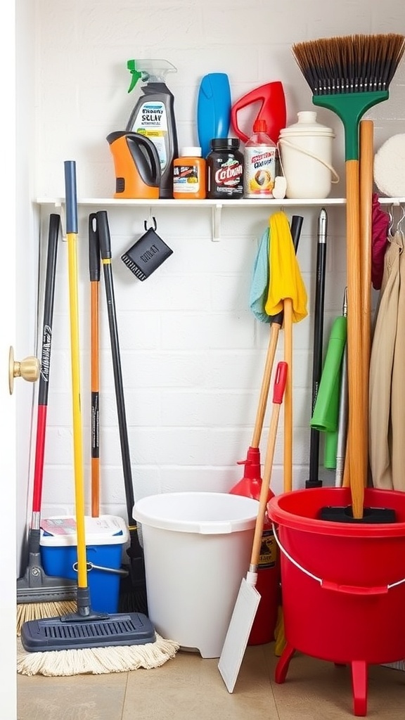 A well-organized cleaning closet with various cleaning supplies including brooms, mops, and cleaning solutions.