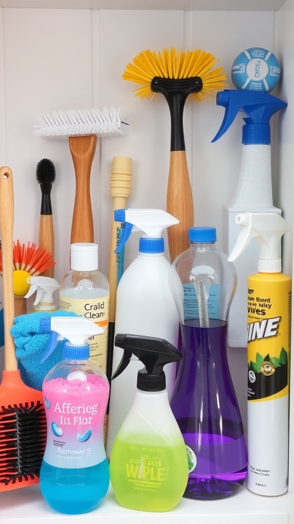 A variety of cleaning supplies organized on a shelf, including spray bottles, brushes, and sponges.