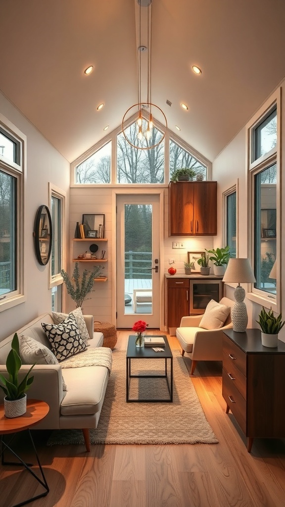 Ein gemütliches Tiny House mit modernen Beleuchtungselementen und großen Fenstern.