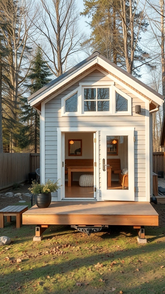 Ein Tiny House mit einer Holzveranda, umgeben von Bäumen, das eine einladende Atmosphäre ausstrahlt.