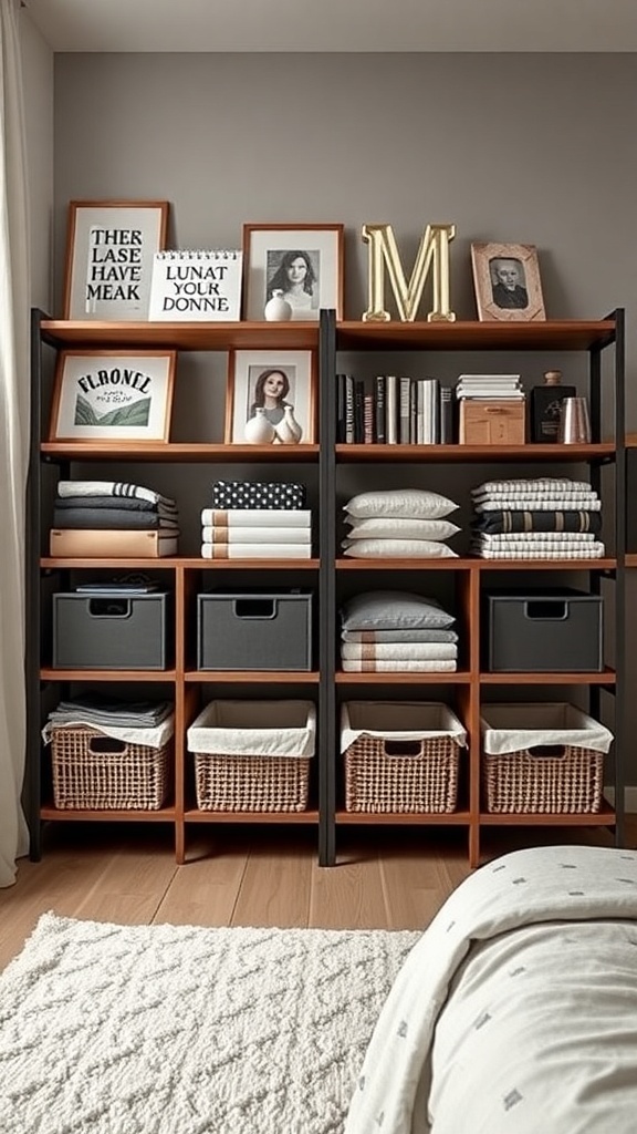 Stylish shelving unit with open and closed storage for a bedroom makeover