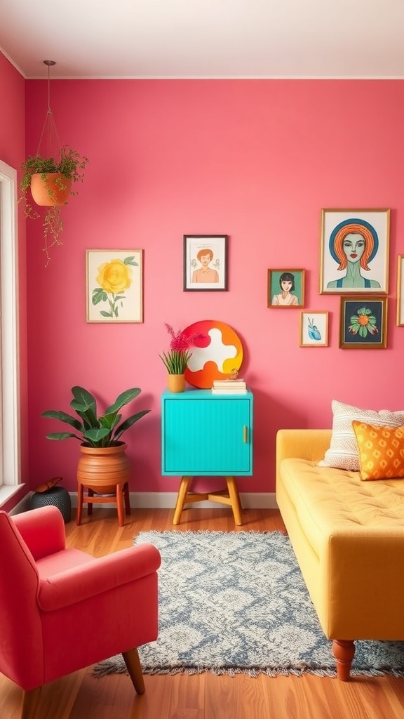 A stylish living room featuring a bright pink wall, yellow sofa, turquoise cabinet, and colorful artwork.