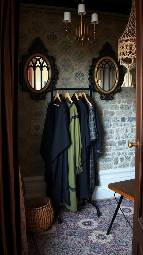 A cozy corner displaying cloaks and capes on a rack, with decorative mirrors and soft lighting.