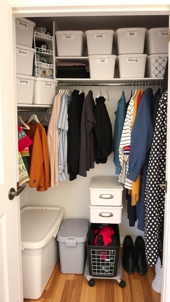 Organized closet with labeled bins, hanging clothes, and a rolling cart for storage.