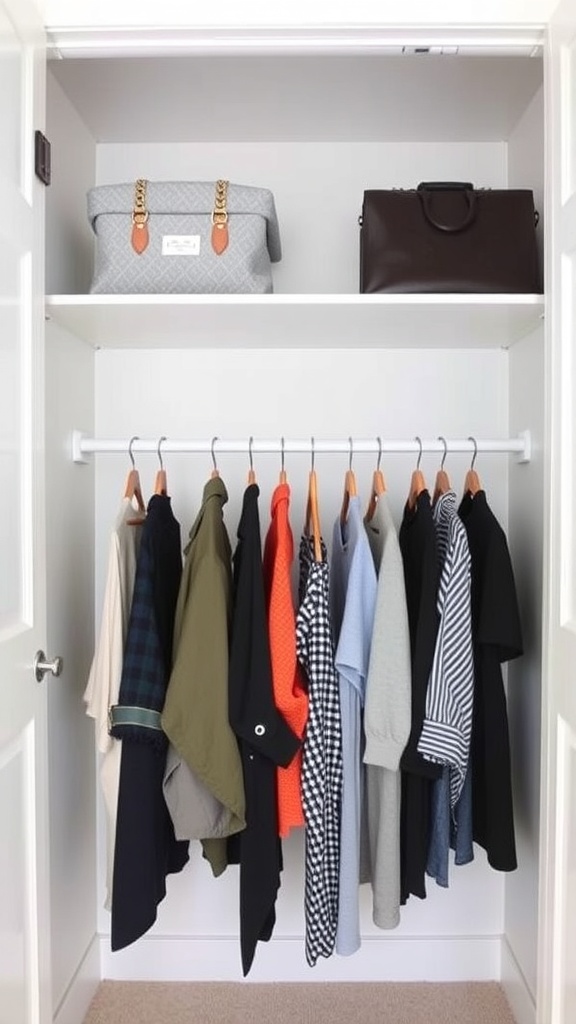 A neatly organized closet with a clothing rod holding various shirts and jackets, along with storage bags on the shelves above.