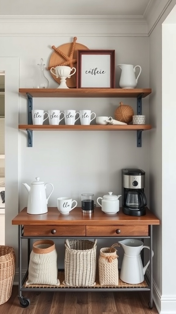 A coastal-themed coffee area featuring wooden shelves, stylish mugs, and a coffee maker on a wooden table.