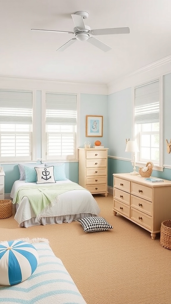 A kids bedroom with coastal beach vibes, featuring blue walls, light furniture, nautical-themed decor, and bright natural light.