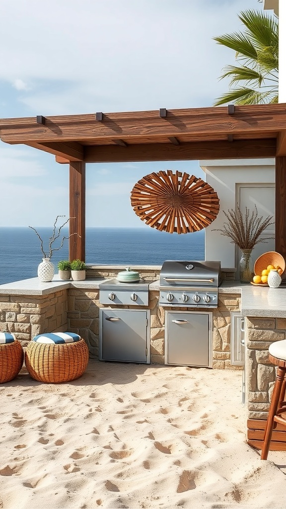 A coastal barbecue area featuring a stone outdoor kitchen with stainless steel appliances, surrounded by sand and palm trees, overlooking the ocean.