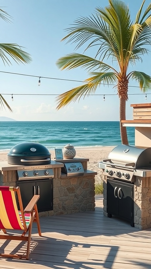 A beachside grill setup with two grills, palm trees, and a view of the ocean.