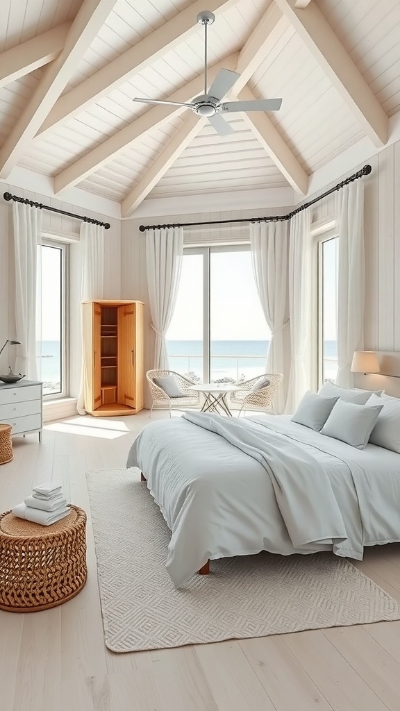 A bright and airy bedroom with large windows overlooking the sea, featuring a cozy bed, wooden ceiling, and minimal decor.