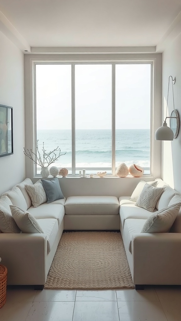 A cozy sunken sofa setup with a view of the ocean, featuring light-colored cushions and a woven rug.